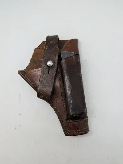 Vintage læderhylster til pistol med magasinlomme