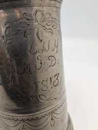 Antique 1813 Engraved Pewter Lidded Stein with Floral Motifs