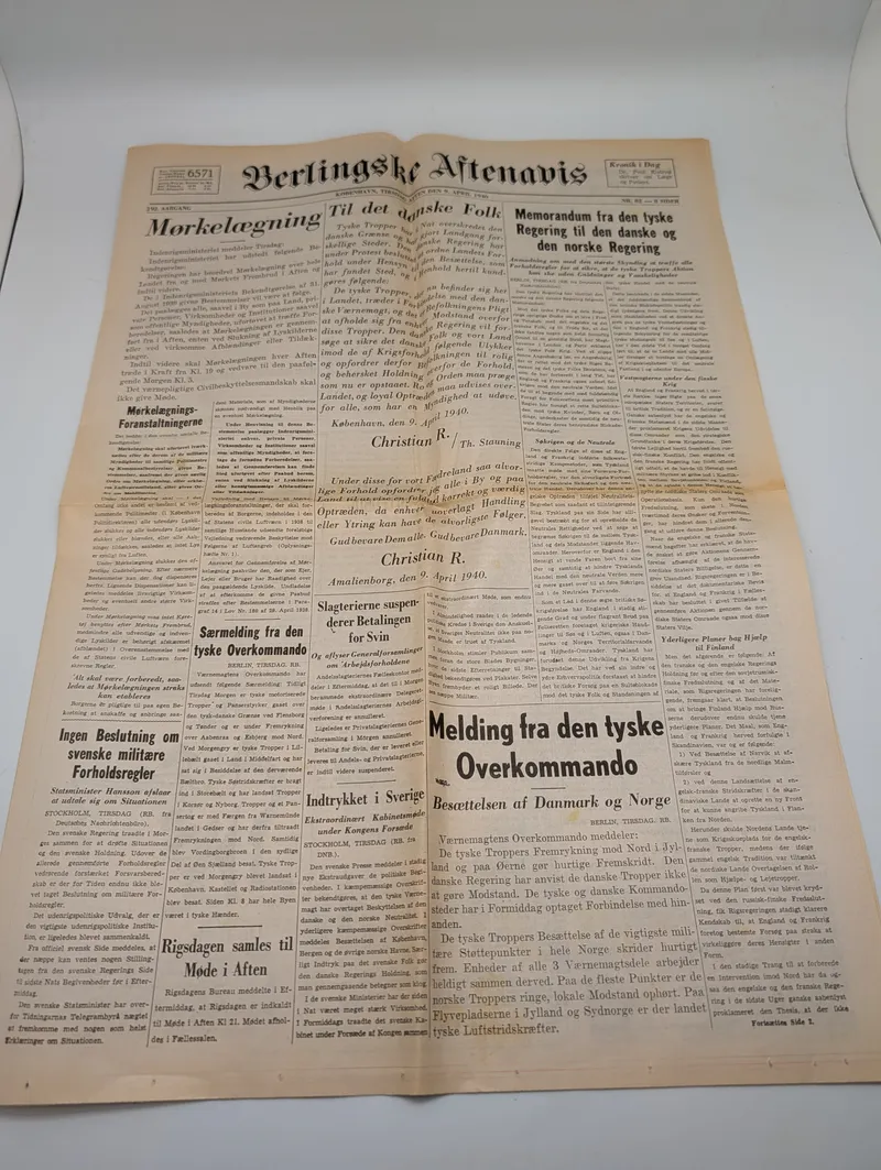 Berlingske Aftenavis Newspaper, April 9, 1940 Edition