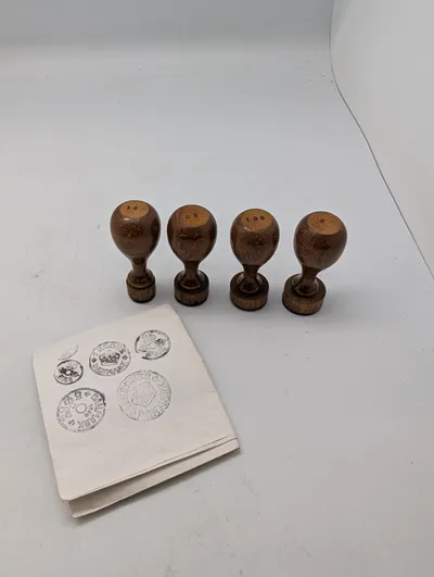 Set of Four Vintage Danish Coin Rubber Stamps with Wooden Handles