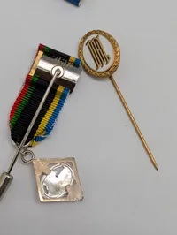 Samling af tyske sportsmedaljer og emblemer, herunder DSB og DJB