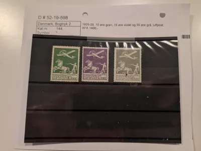 Danmark 1925-29 Luftpost frimærkesæt, 10 øre, 15 øre og 50 øre