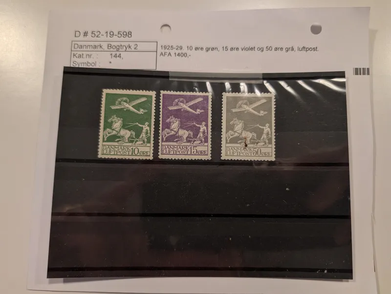 Danmark 1925-29 Luftpost frimærkesæt, 10 øre, 15 øre og 50 øre