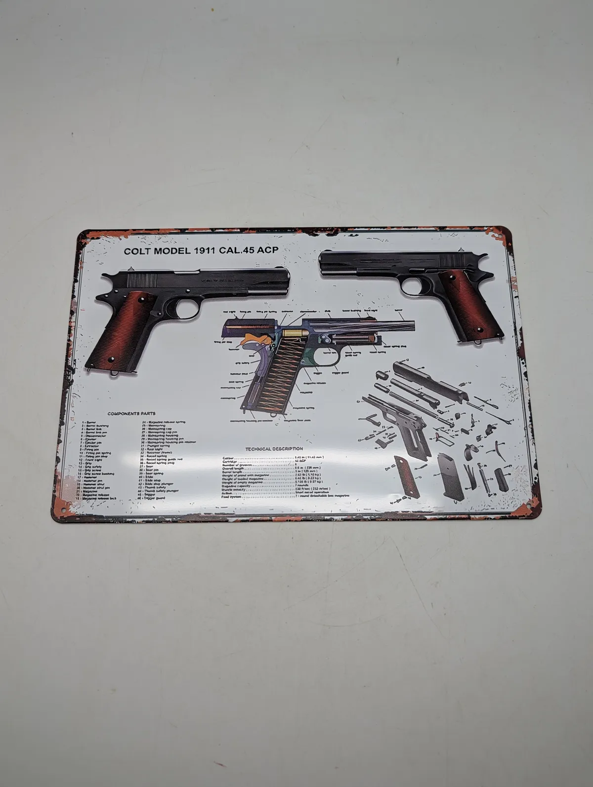 Colt Model 1911 Cal.45 ACP Metalskilt med Tekniske Illustrationer