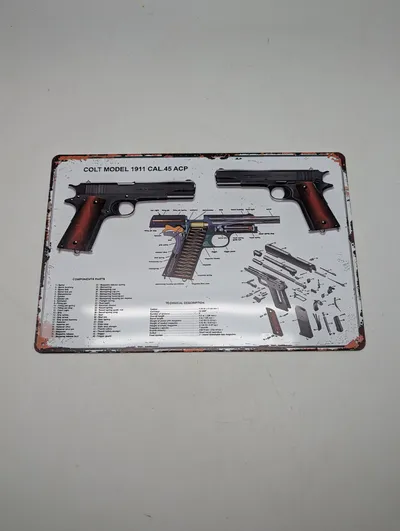 Colt Model 1911 Cal.45 ACP Metalskilt med Tekniske Illustrationer