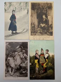 Set of Four Vintage European Postcards Featuring Folk Art and Portraits