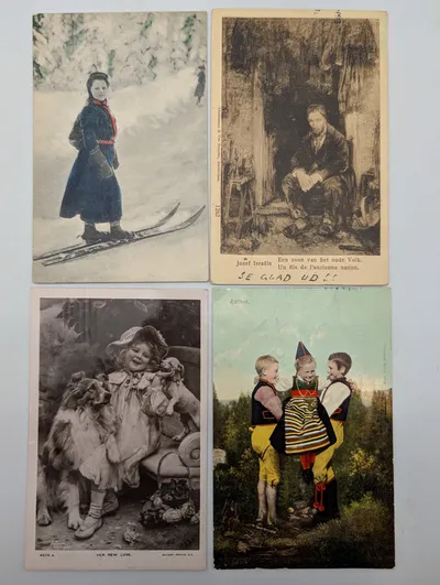 Set of Four Vintage European Postcards Featuring Folk Art and Portraits