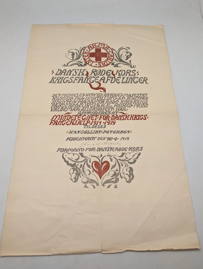 Dansk Røde Kors Mindetegn for Krigsfangehjælp 1914-1919 Diplom