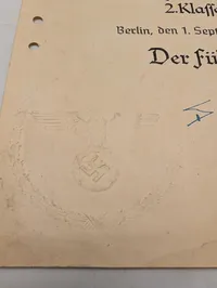 Tysk Krigsfortjenestekors 2. Klasse Tildelingsbevis til Paul Schröder, 1941