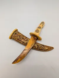 Chinese Carved Bone Ceremonial Dagger with Dragon and Phoenix Scabbard