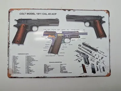 Colt Model 1911 Cal.45 ACP Metalskilt med Teknisk Diagram