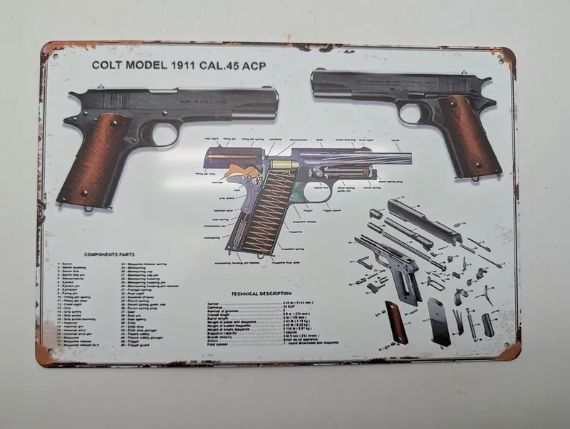 Colt Model 1911 Cal.45 ACP Metalskilt med Teknisk Diagram