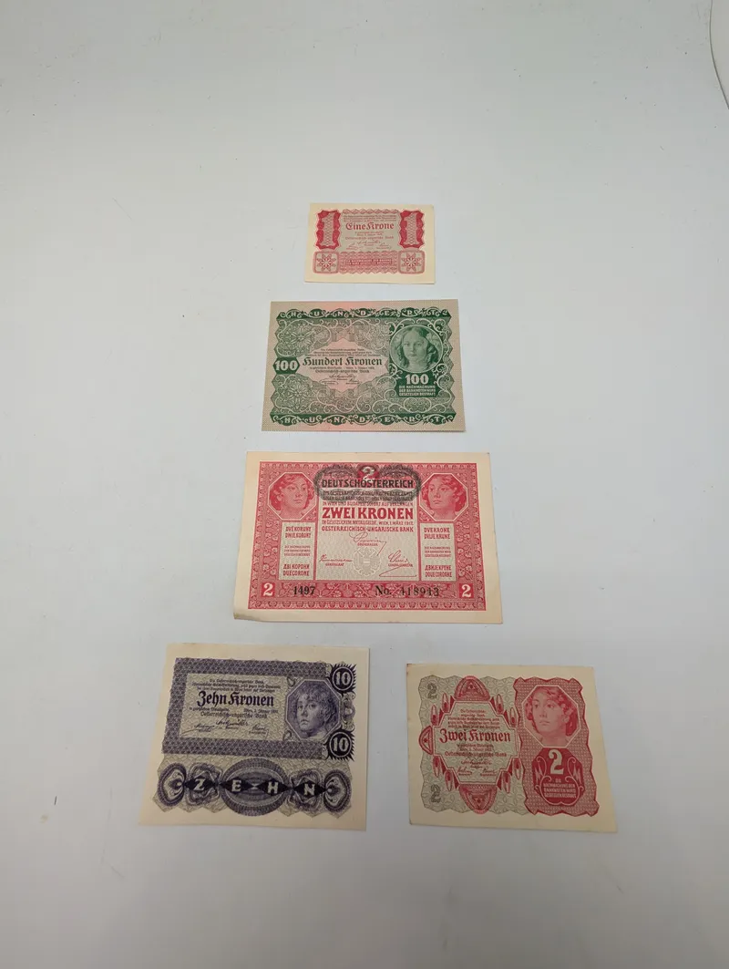 Collection of Five Austro-Hungarian Empire Banknotes, 1912-1922