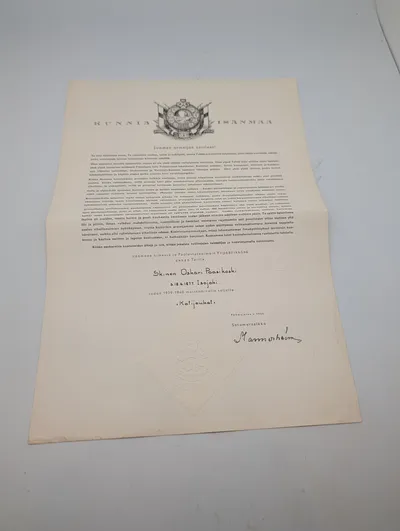 Finsk krigsmindediplom 1939-1940 med Carl Gustaf Mannerheims signatur