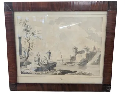 Sø kadet tegning Nicolay Wulff (1783-1807), tuschtegning, flodparti med personer