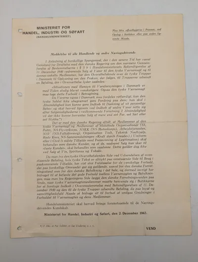 Dansk Ministeriel Bekendtgørelse fra 1942 vedrørende tyske troppers indkøb