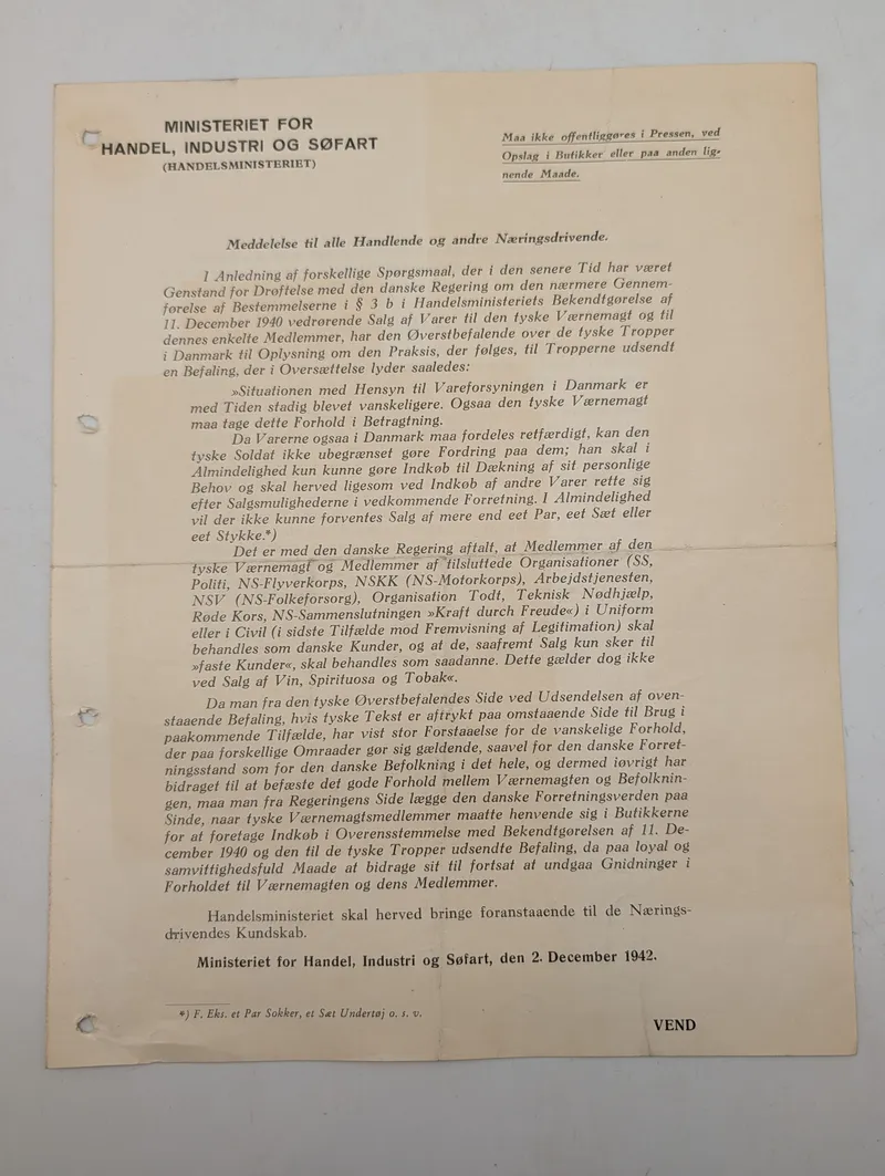 Dansk Ministeriel Bekendtgørelse fra 1942 vedrørende tyske troppers indkøb