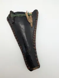 Vintage Hand-Stitched Leather Pistol Holster with Skull and Crossbones Motif