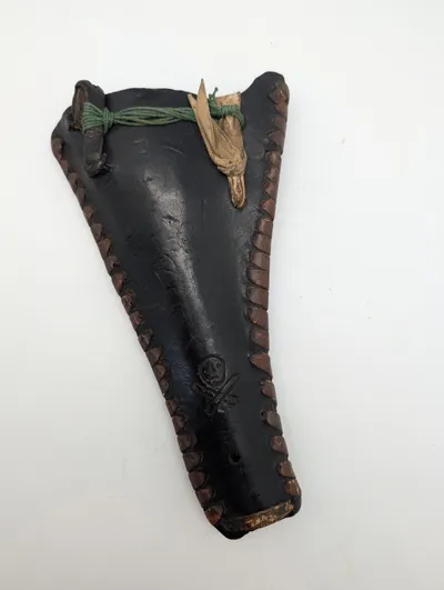 Vintage Hand-Stitched Leather Pistol Holster with Skull and Crossbones Motif
