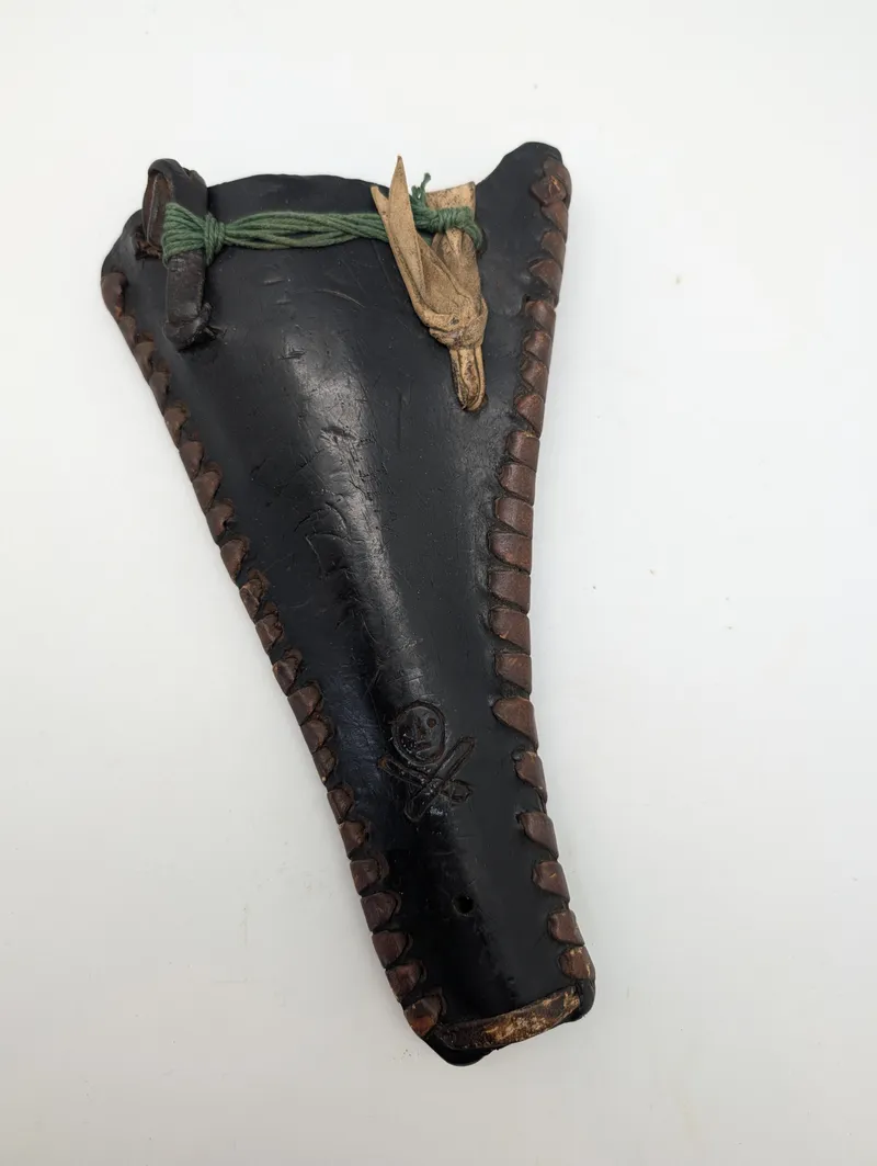 Vintage Hand-Stitched Leather Pistol Holster with Skull and Crossbones Motif
