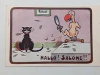 Vintage Comic Postcard Featuring Cat and Plucked Parrot, 'Hallo! Salome!!'