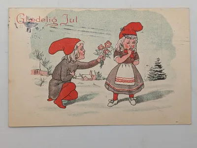 Vintage Danish Christmas Postcard, Glædelig Jul Nisse Illustration