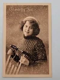 Vintage Danish Christmas Postcard Featuring Girl with Sled