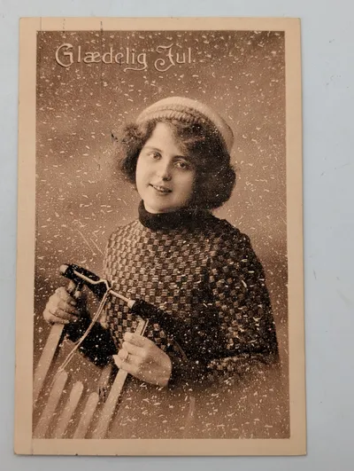 Vintage Danish Christmas Postcard Featuring Girl with Sled