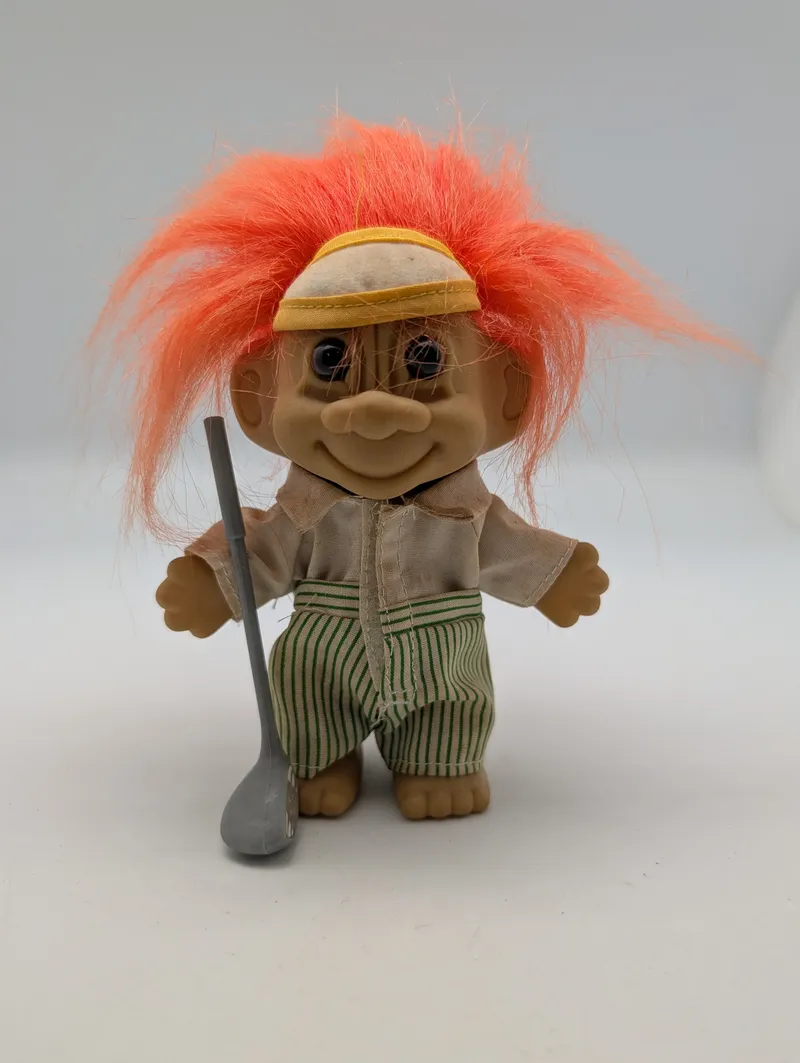 Vintage Russ Berrie Golfer Troll Doll with Orange Hair and Club