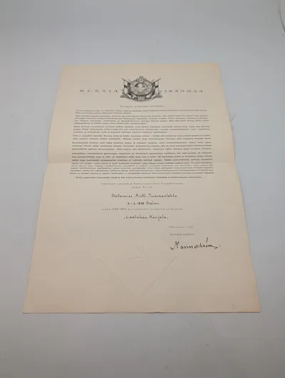Finsk Mindediplom for Vinterkrigen 1939-1940, underskrevet af Mannerheim