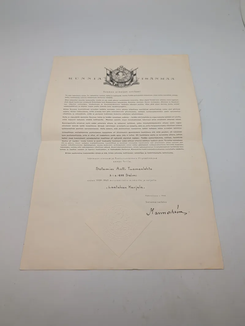 Finsk Mindediplom for Vinterkrigen 1939-1940, underskrevet af Mannerheim