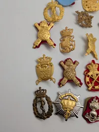 Samling af danske militære emblemer og korpsmærker i metal