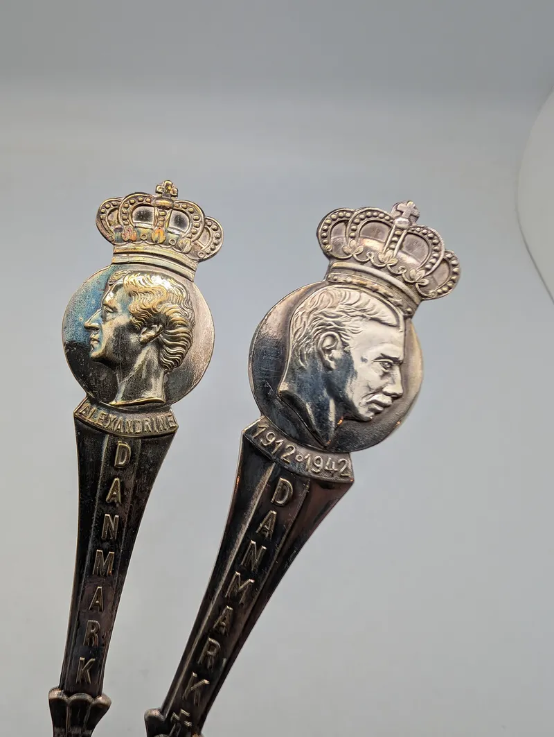 Danish Silver Commemorative Souvenir Spoons, King Christian X & Queen Alexandrine