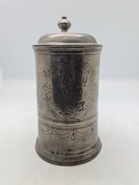 Antique 1813 Engraved Pewter Lidded Stein with Floral Motifs