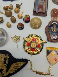 Samling af franske militære insignier, pins og nøgleringe