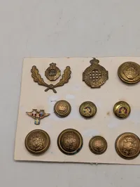 Samling af antikke og vintage militære knapper og emblemer
