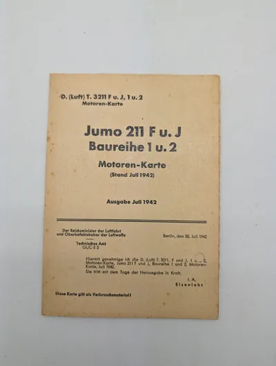 WWII German Luftwaffe Jumo 211 F u. J Motoren-Karte Engine Manual (1942)
