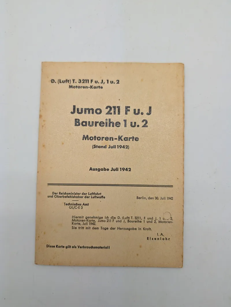 WWII German Luftwaffe Jumo 211 F u. J Motoren-Karte Engine Manual (1942)
