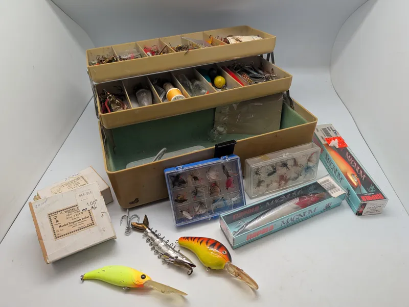 Vintage Fishing Tackle Collection with Rapala Magnum Lures and Tackle Box