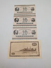 Danmarks Nationalbank sedler: 100 Kroner 1962 og tre 10 Kroner sedler