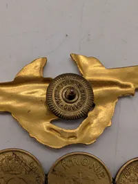 Samling af danske militære emblemer og broche med Christian X mønter