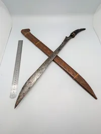 Southeast Asian Parang Machete with Stag Horn Hilt and Wooden Scabbard