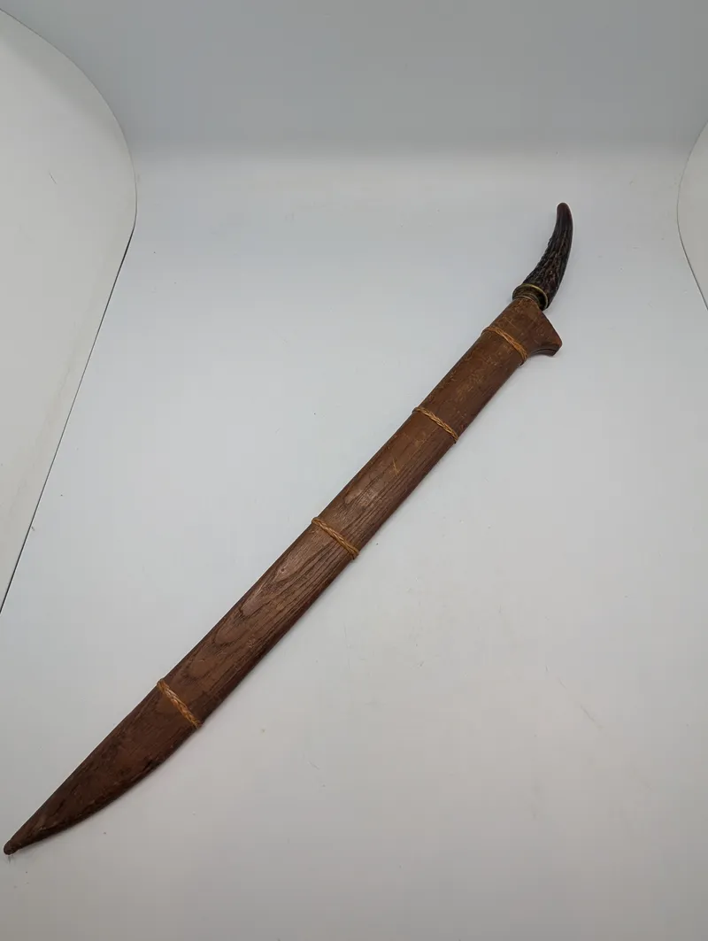 Southeast Asian Parang Machete with Stag Horn Hilt and Wooden Scabbard