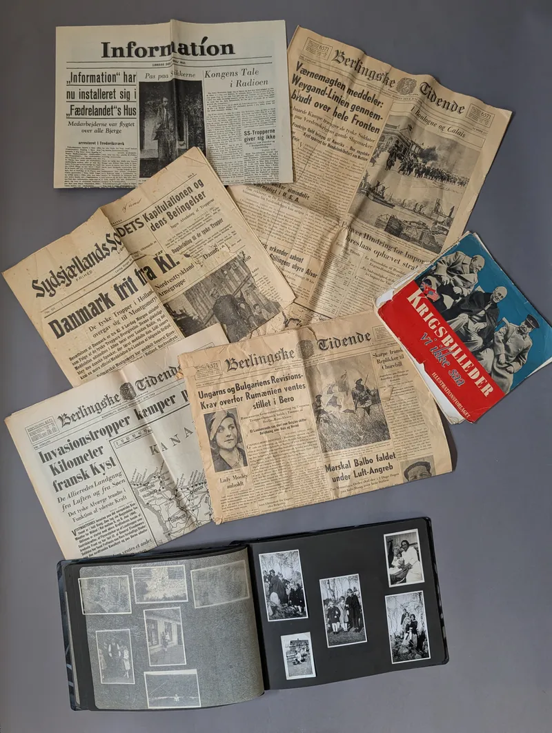 Collection of WWII Danish Newspapers, Photo Album, and Krigsbilleder Booklet