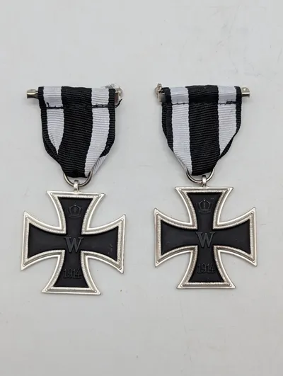 Pair of Prussian 1914 Iron Cross 2nd Class Medals with Ribbons POSTWAR