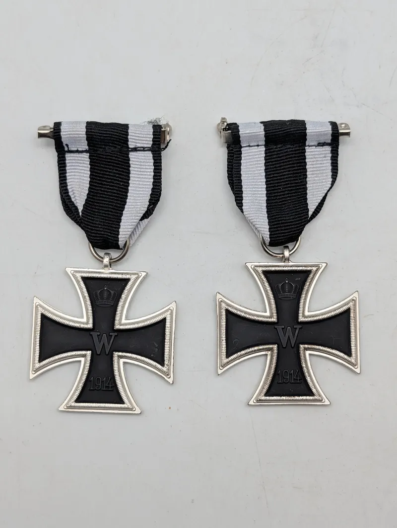 Pair of Prussian 1914 Iron Cross 2nd Class Medals with Ribbons POSTWAR