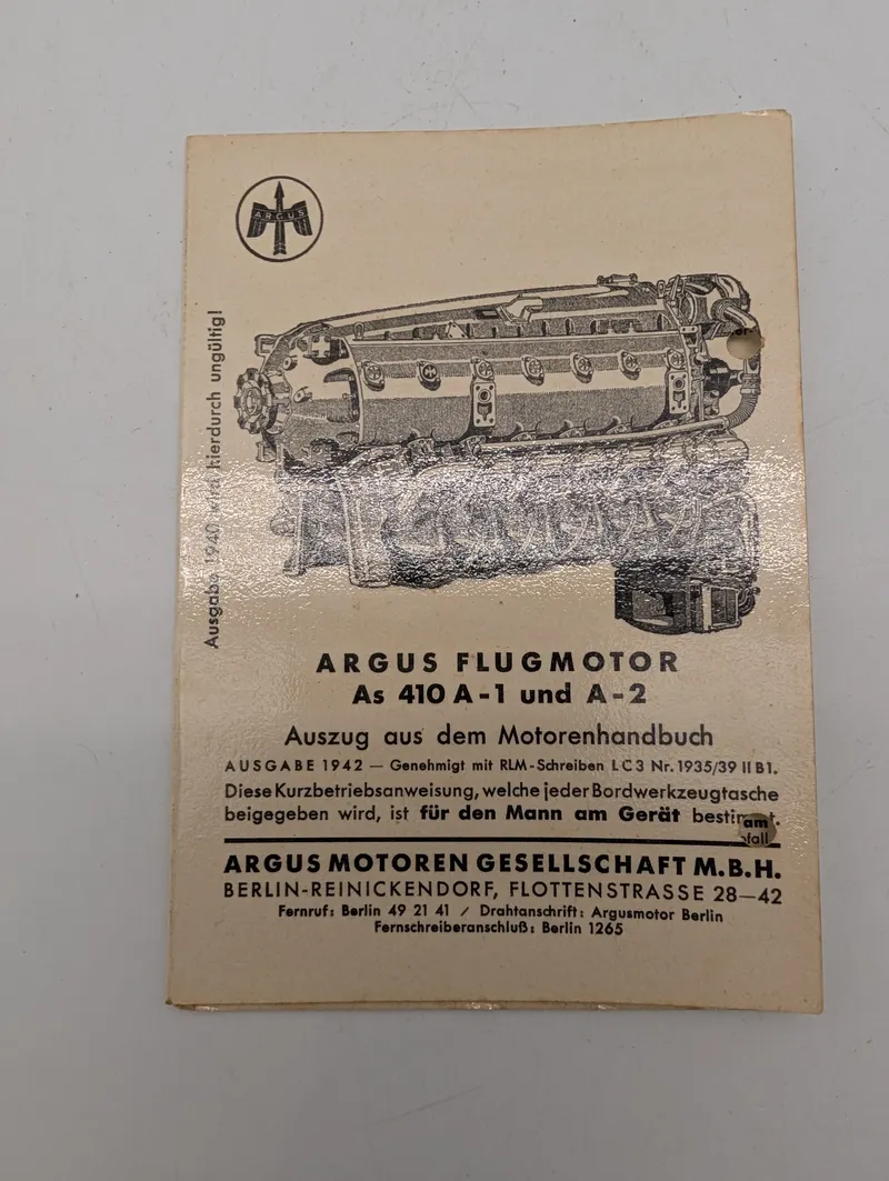 Argus Flugmotor As 410 A-1 und A-2 1942 Aircraft Engine Manual