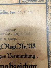 Tysk WWI Sårsmærke-certifikat til Musketér Karl Gonter, 1918