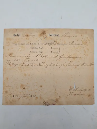 Dansk militær dagsbefaling fra Nyholm, dateret 25. juni 1880