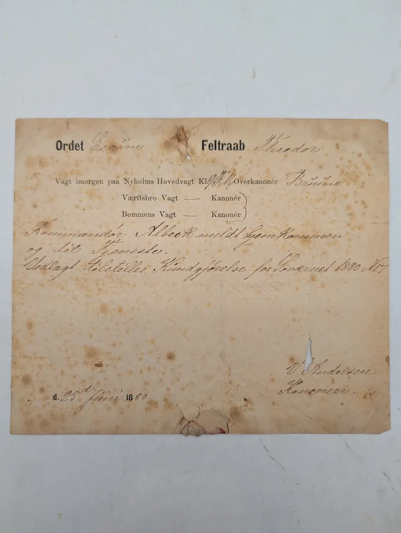 Dansk militær dagsbefaling fra Nyholm, dateret 25. juni 1880